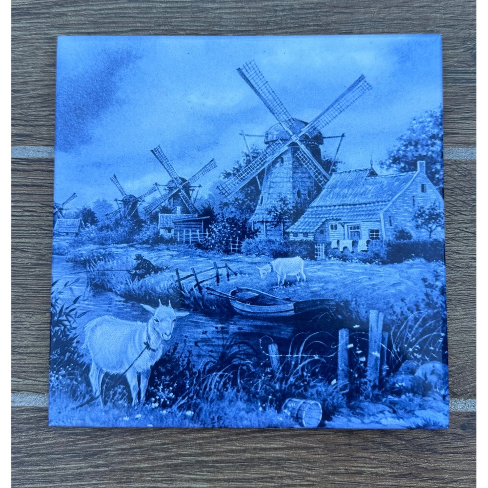 Vintage Blue White Ceramic Art Tile Dutch Windmill Landscape Farmhouse 6x6